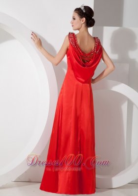 Straps Red Prom Evening Dress Satin Beading Floor-length