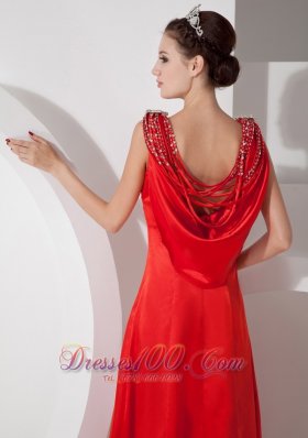 Straps Red Prom Evening Dress Satin Beading Floor-length