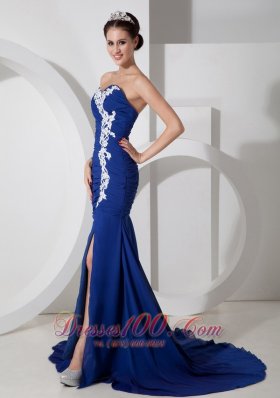 Appliques Blue Chiffon High Split Evening Dress for Prom