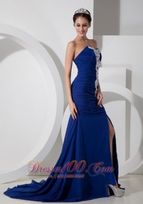 Appliques Blue Chiffon High Split Evening Dress for Prom