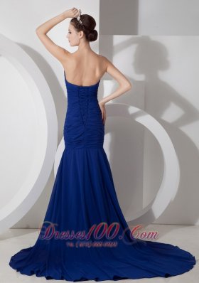 Appliques Blue Chiffon High Split Evening Dress for Prom