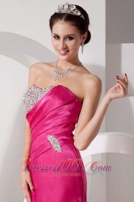 Hot Pink Column Asymmetrical Prom Evening Dress Satin Beading