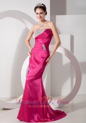 Hot Pink Column Asymmetrical Prom Evening Dress Satin Beading