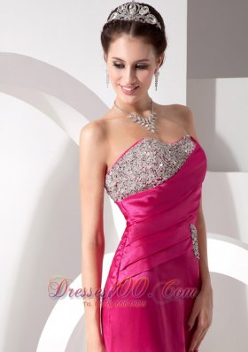 Hot Pink Column Asymmetrical Prom Evening Dress Satin Beading