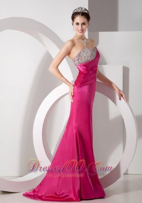 Hot Pink Column Asymmetrical Prom Evening Dress Satin Beading