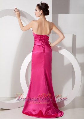 Hot Pink Column Asymmetrical Prom Evening Dress Satin Beading