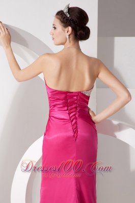 Hot Pink Column Asymmetrical Prom Evening Dress Satin Beading