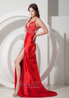 Cross Straps Red High Split Beading 17 Prom Evening Dress