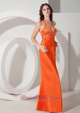 Orange Column Halter Beading Prom Dress Side Split