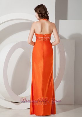 Orange Column Halter Beading Prom Dress Side Split