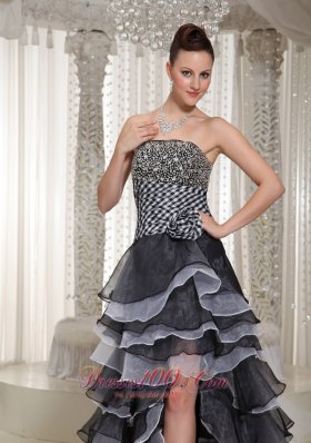 High-Low Strapless white and Black Beaded Evening Pageant Dress