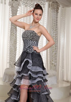 High-Low Strapless white and Black Beaded Evening Pageant Dress