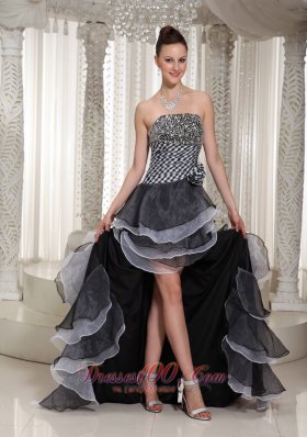 High-Low Strapless white and Black Beaded Evening Pageant Dress