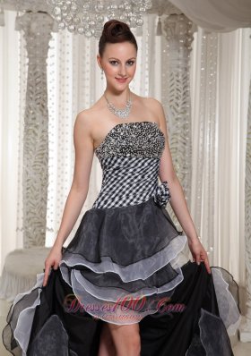 High-Low Strapless white and Black Beaded Evening Pageant Dress