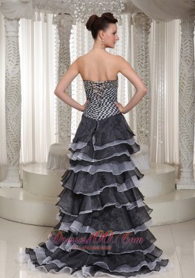 High-Low Strapless white and Black Beaded Evening Pageant Dress