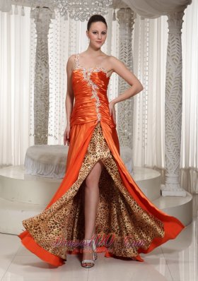 High Slit One Shoulder Appliques Leopard Print Prom Evening Dress