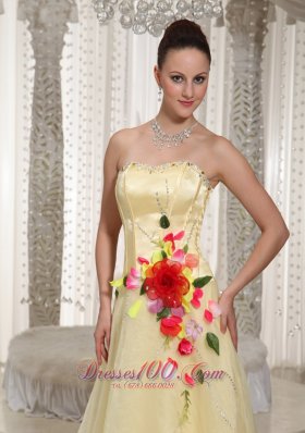 Colorful Flowers Beading Organza Yellow Prom Pageant Dress