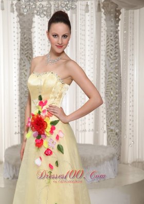 Colorful Flowers Beading Organza Yellow Prom Pageant Dress