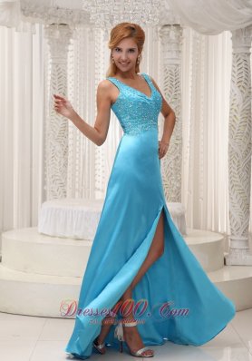 High Slit Aqua Blue Beaded Prom Evening Dress