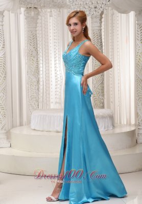 High Slit Aqua Blue Beaded Prom Evening Dress