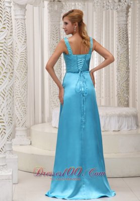 High Slit Aqua Blue Beaded Prom Evening Dress