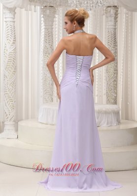 Halter Ruched Lilac High Slit Prom Evening Dress