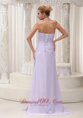 Halter Ruched Lilac High Slit Prom Evening Dress