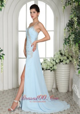 Cross Straps Light Blue High Slit Beaded Prom Dress