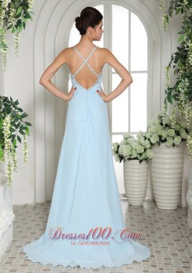 Cross Straps Light Blue High Slit Beaded Prom Dress