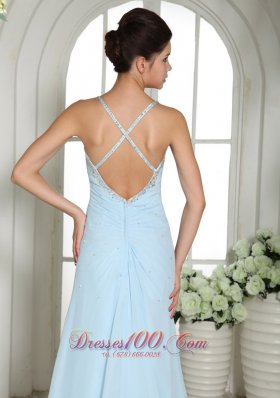 Cross Straps Light Blue High Slit Beaded Prom Dress