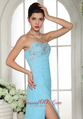 High Slit Beaded Aqua Blue Prom Evening Dress