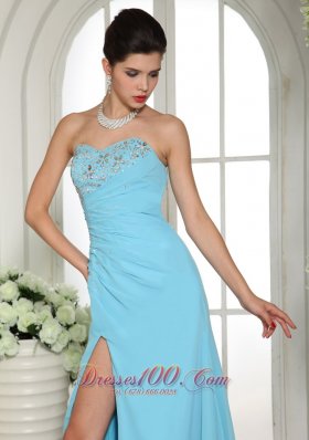 High Slit Beaded Aqua Blue Prom Evening Dress