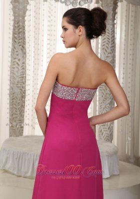 Strapless Fuchsia High Split Chiffon Beading Prom Dress