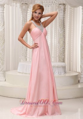 Cross Straps Pink Chiffon Prom Dress For Military Ball