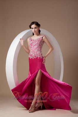 Appliques Fuchsia Evening Dress Scoop Side Split