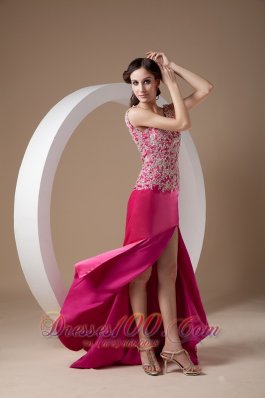 Appliques Fuchsia Evening Dress Scoop Side Split