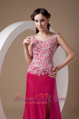 Appliques Fuchsia Evening Dress Scoop Side Split