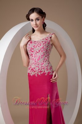 Appliques Fuchsia Evening Dress Scoop Side Split