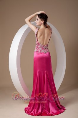 Appliques Fuchsia Evening Dress Scoop Side Split