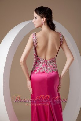 Appliques Fuchsia Evening Dress Scoop Side Split