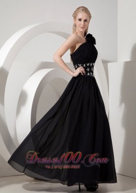 One Shoulder Little Black Dress Chiffon Beading Ankle-length