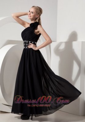 One Shoulder Little Black Dress Chiffon Beading Ankle-length