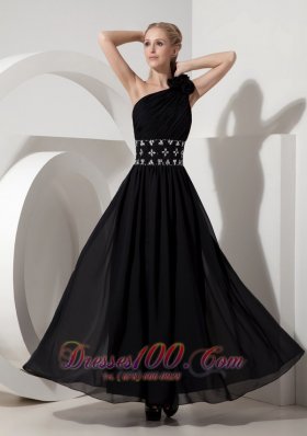 One Shoulder Little Black Dress Chiffon Beading Ankle-length