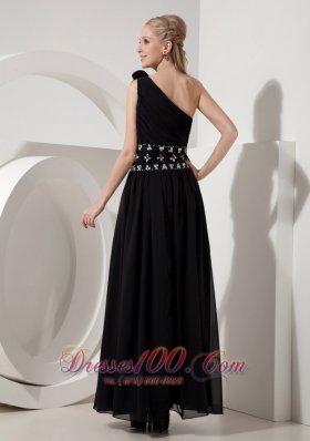 One Shoulder Little Black Dress Chiffon Beading Ankle-length