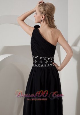 One Shoulder Little Black Dress Chiffon Beading Ankle-length