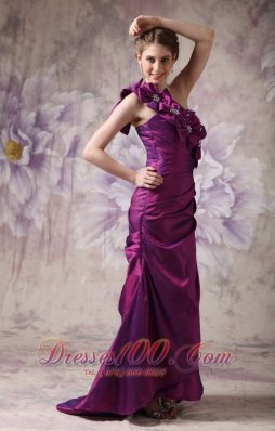 Purple One Shoulder Prom Dress Hand Made Flowers