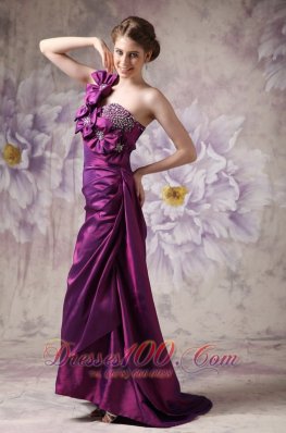 Purple One Shoulder Prom Dress Hand Made Flowers