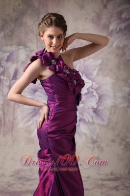 Purple One Shoulder Prom Dress Hand Made Flowers