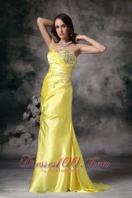 Mermaid Yellow Evening Dress Taffeta Beading Brush Train