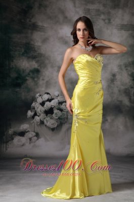 Mermaid Yellow Evening Dress Taffeta Beading Brush Train